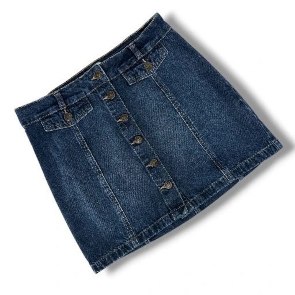 So Denim Mini Skirt Womens 7/28W Blue Jean Button Front Recycled Cotton Blend